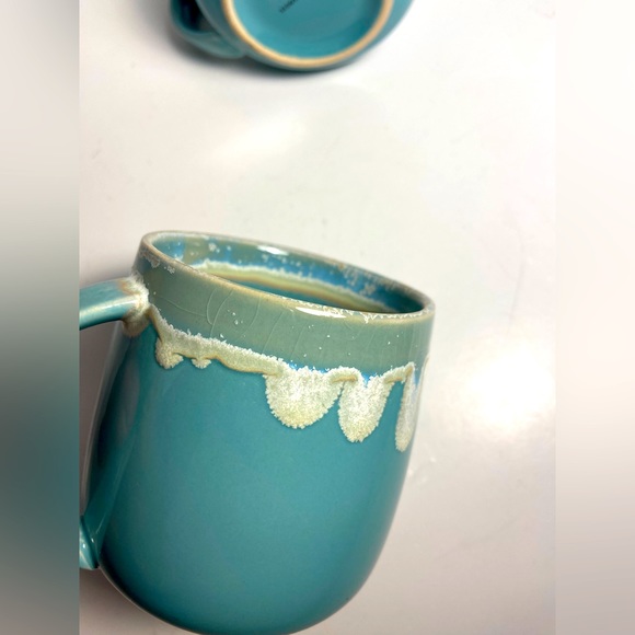 Anthropologie Pair of Mugs Blue Green Drip Glaze Crazing Teal Coffee Cup Ceramic - Picture 8 of 10